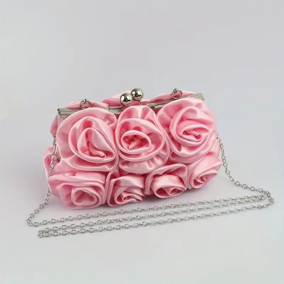 Prom / Wedding Pink Satin Roses Party Clutch Purse w/Rhinestone Handle & Chain - Picture 3 of 11